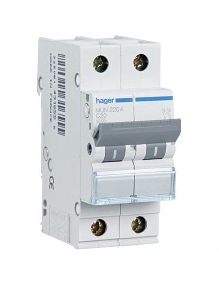 HAGER MUN206A | Interruttore 2P 6A curva-C 6kA