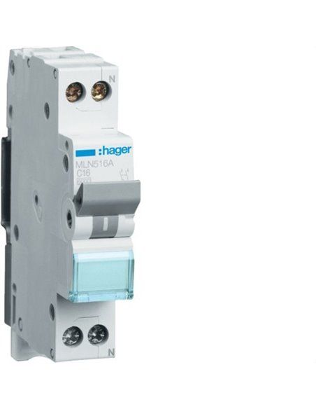 HAGER MLN516A | Interruttore 1P+N 16A curva-C 6kA 1 modulo