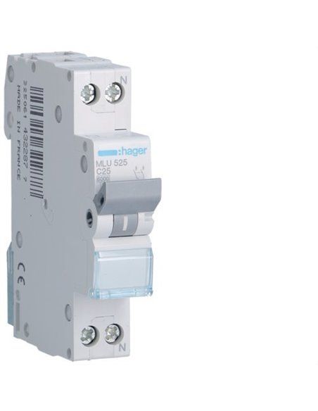 HAGER MLU525 | Disjoncteur ML courbe-C 1P+N 25A