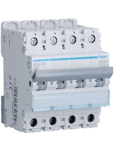 HAGER MCA420 | Disjoncteur courbe M-C 6kA 4P 20A