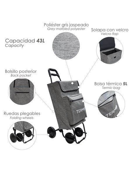 Shopping Trolley 4 Wheels Marbled Gray 45 Liters Shopping Trolley Polyester With Thermal Cooling Bag