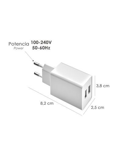 Cargador USB Dos Tomas 2.1 Amperios. 5 V. Adaptador Enchufe USB Cargador USB de Pared, Android, Iphone, Smartphones, Tablets.