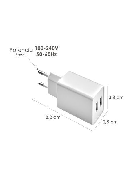 Cargador USB Dos Tomas 2.1 Amperios. 5 V. Adaptador Enchufe USB Cargador USB de Pared, Android, Iphone, Smartphones, Tablets.