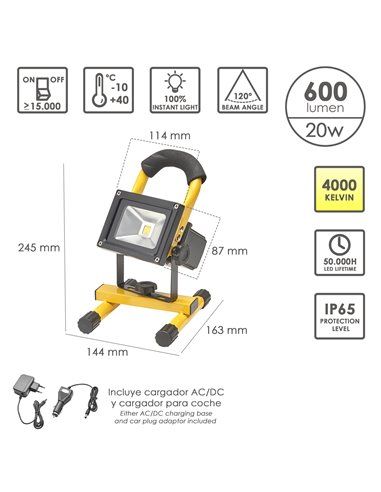 Foco Led 20 Watt. Luz Blanca 4000º K IP 65 600 Lumenes Con Asa de Transporte, Proyector Led Con Asa, Foco Led Trabajo