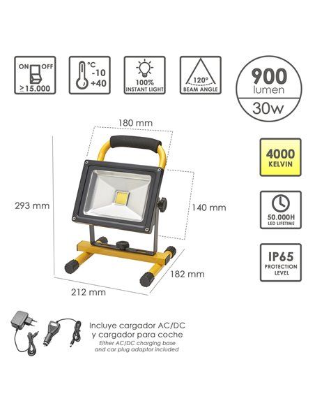 Foco Led 30 Watt. Luz Blanca 4000º K IP 65 900 Lumenes Con Asa de Transporte, Proyector Led Con Asa, Foco Led Trabajo