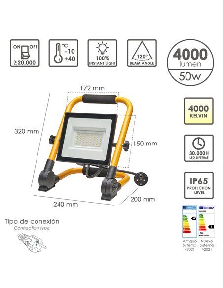 Refletor LED plano de 50 Watts. Luz Branca 4000º K IP 65 4000 Lumens Com Alça De Transporte