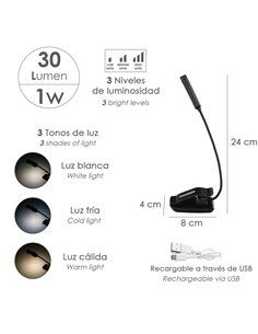Linterna Led De Mesa 1 Watt. 30 Lumenes. Con Clip Recargable Usb Con 3 Tonos De Luz y 3 Niveles De Luminosidad 2