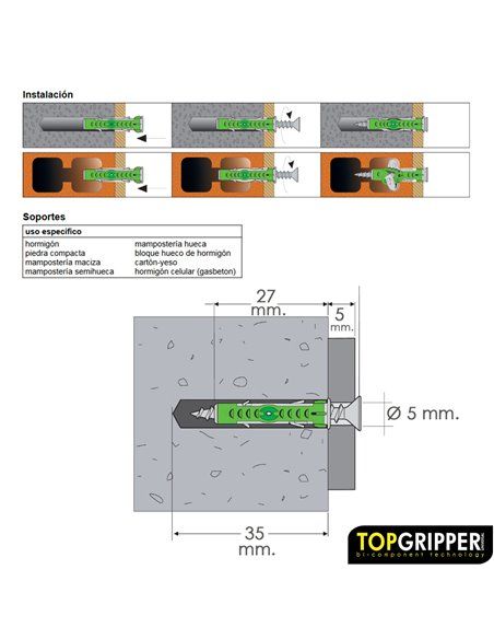 Blister Tacos Topgripper Bimaterial Con Tornillos Ø 5 mm. 50 Piezas Taco Anclaje Universal, Taco Hormigon, Taco Pladur,