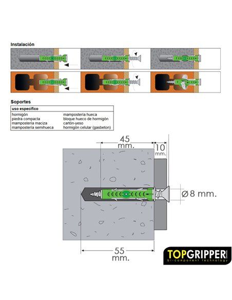 Blister Tacos Topgripper Bimaterial Con Tornillos Ø 8 mm. 20 Piezas Taco Anclaje Universal, Taco Hormigon, Taco Pladur
