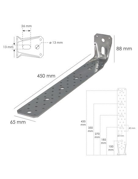 Soporte Para Madera Con Angulo Reforzado 65x88x450 mm. Conector Angular, Escuadra Fijación, Zapata Madera Soporte Pergola Madera