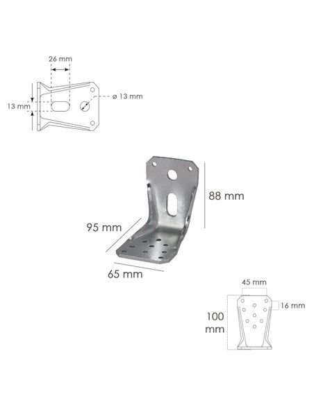 Soporte Para Madera Con Angulo Reforzado 65x88x95 mm. Conector Angular, Escuadra Fijación, Zapata Madera, Soporte Pergola Madera