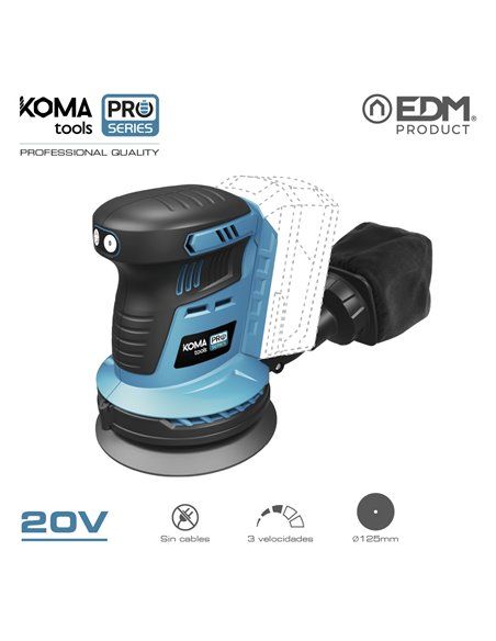 LIJADORA EXCENTRICA 20V BRUSHLESS (SIN BATERIA Y CARGADOR) 13x30x15cm KOMA TOOLS PRO SERIES BATTERY