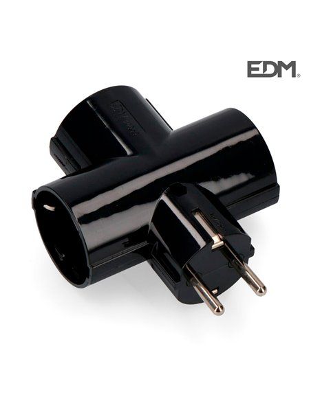 Plugue Triplo Preto com Baquelite t/tl 16A 250V (Embalado Encolhível) EDM