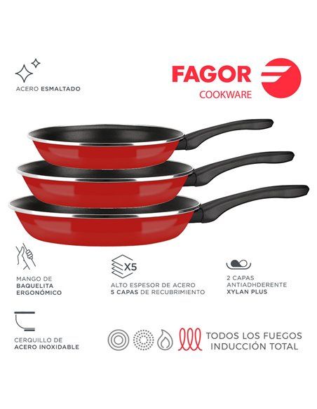 Frigideira Optimax Ø20+24+28cm Aço Esmaltado 1.5mm Fagor