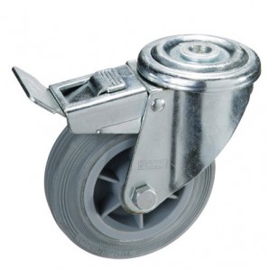 Roda Industrial Borracha Cinza Passante com freio 100 mm.