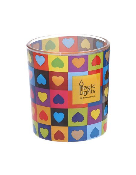 Vela en vaso pop art ø7,5cm al.8,4cm corazones magic lights