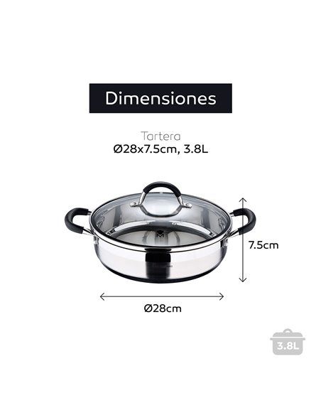 Tartera ø28x7,5cm 3,8l acer inoxidable con tapa foodies bgmp-1503-bk masterpro. esta cacerola ø28x7,5cm con capacidad de 3.8l. o