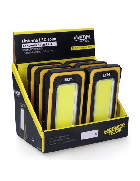 Linterna led solar recargable con gancho e imán cob 10w 750lm edm