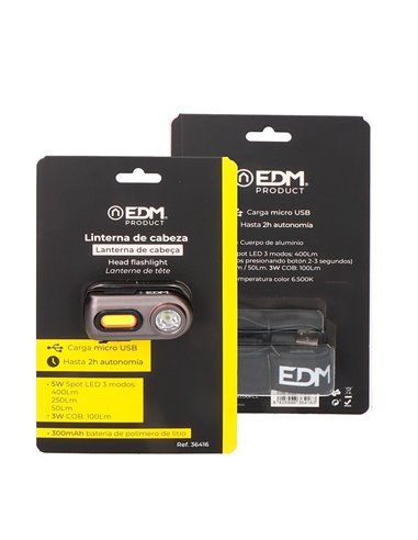 Linterna de cabeza frontal 2 leds 3w+5w 400lm recargable. edm