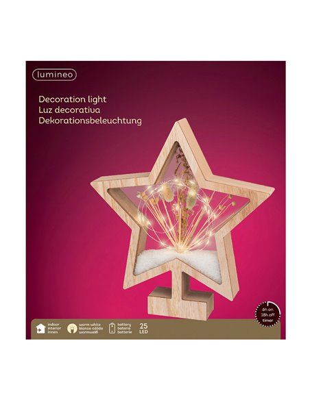 Estrela de Madeira com MicroLEDs 4x26x28cm 25 LEDs