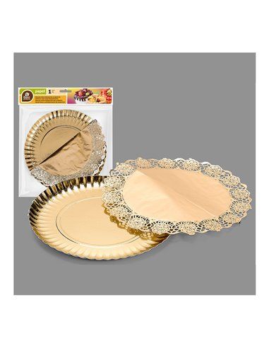 Bolsa con 1 bandeja redonda con blonda oro 23cm