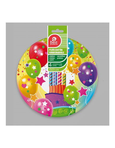 Saco com 4 Pratos de Cartão Balões e Velas Design ø23cm