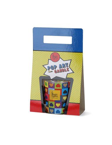 Vela en vaso pop art ø7,5cm al.8,4cm corazones magic lights