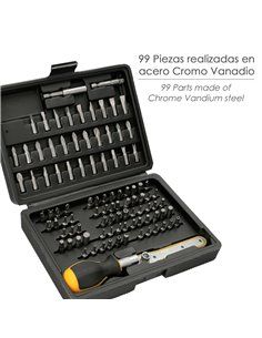Juego Puntas con Destornillador 1/4" 99 Pzs. Con Apadtador. Cromo Vanadio, Kit Llave Combinada, Kit Carraca, 2