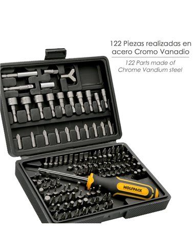 Juego Puntas con Destornillador 1/4" 122 Pzs. Con Apadtador. Cromo Vanadio, Kit Llave Combinada, Kit Carraca,