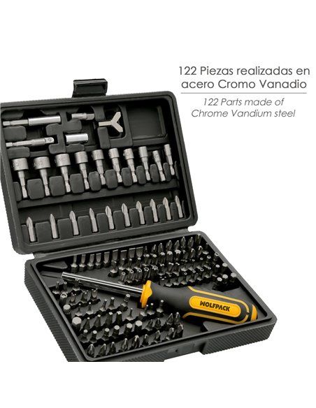 Juego Puntas con Destornillador 1/4" 122 Pzs. Con Apadtador. Cromo Vanadio, Kit Llave Combinada, Kit Carraca,