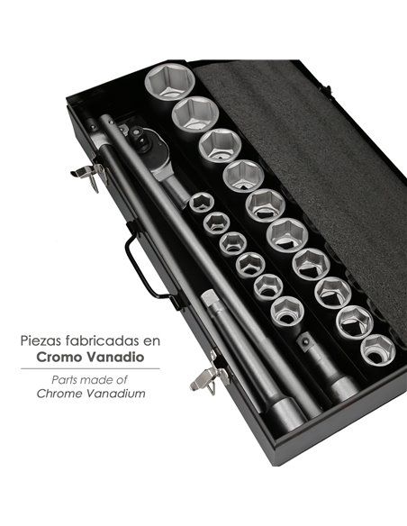 Juego Llaves De Vaso de Acero Cromo Vanadio con 21 Piezas 3/4" Plus  Con Maletin.