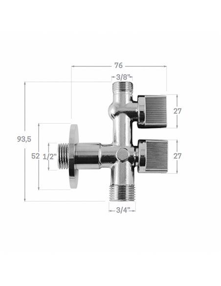Llave De Escuadra Doble Salida 3/4" y 3/8". Entrada De 1/2". Llave De Paso Doble, Llave Angular Doble, Toma Lavadora Doble.
