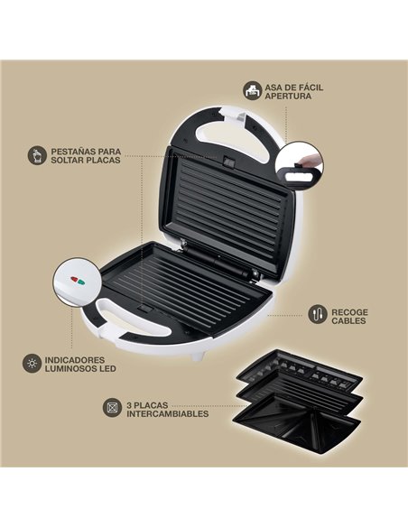 Sandwichera doble Pipu con 3 placas (clásica, grill y gofre) 750W