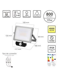 Foco Led Plano 10 Watt. Luz Blanca 4000º K  IP 65 800 Lumenes Con Sensor de Presencia 2