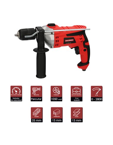 Taladro Percutor Con Variador de Velocidad 1050 Watt. Incluye Maletín, Empuñadura y Guia Metalica.