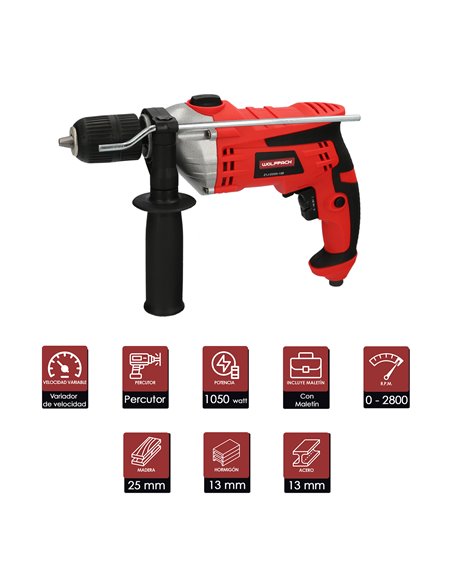 Taladro Percutor Con Variador de Velocidad 1050 Watt. Incluye Maletín, Empuñadura y Guia Metalica.