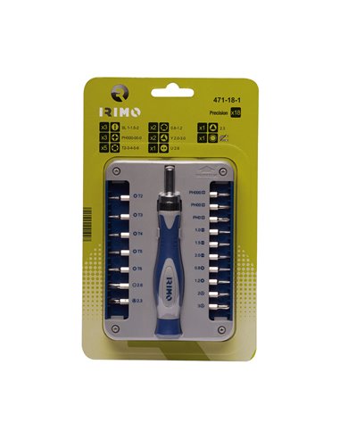 Destornillador de precisión con portapuntas a carraca, 17 piezas 471-18-1 irimo