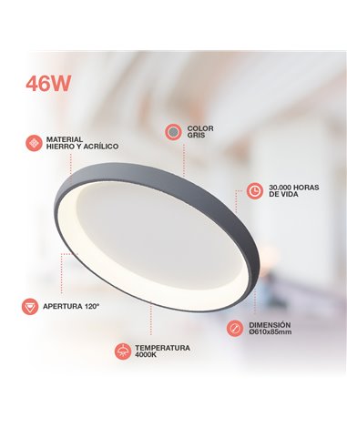 Plafón techo LED Simola redondo 46W 4000K Gris