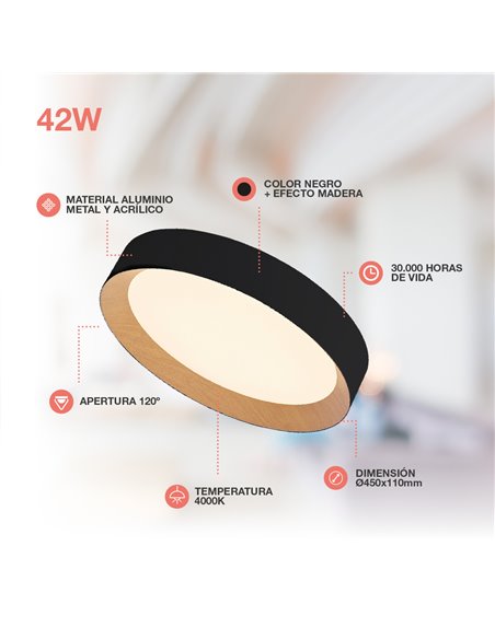 Plafon LED Peranka 42W 4000K Preto + Efeito Madeira