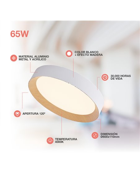 Plafón techo LED Peranka 65W 4000K Blanco + Efecto madera