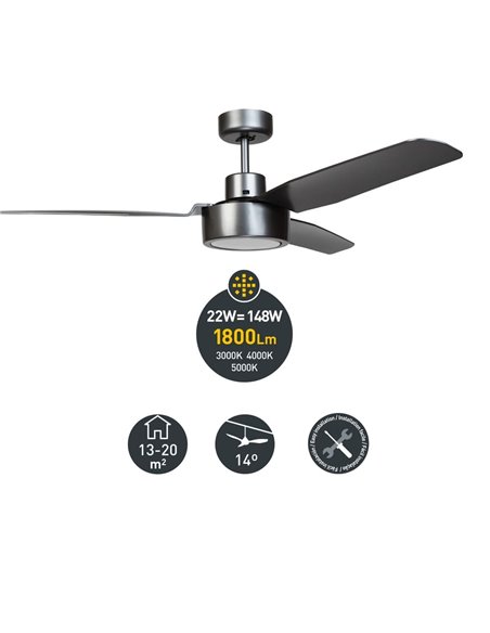 Ventilador DC Cimio  LED  22W 3CCT Acero Titano Fácil instalación