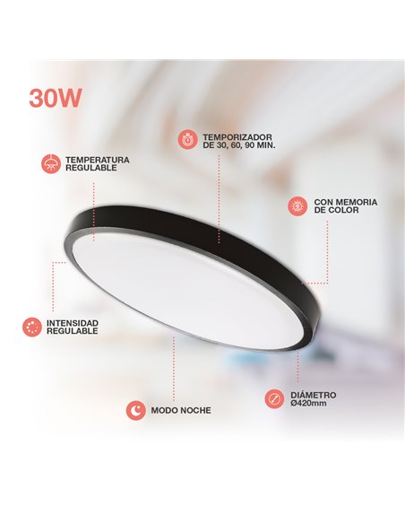 Plafón techo LED Andra redondo 30W 3000K a 6500K regulable Negro 