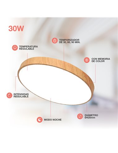Plafon LED redondo Andra 30W 3000K a 6500K regulável efeito madeira