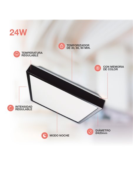 Plafón techo LED Andra cuadrado 30W 3000K a 6500K regulable Negro