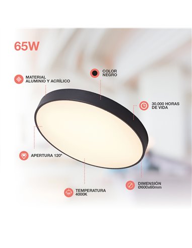 Plafón techo LED Kataja 65W 4000K Negro