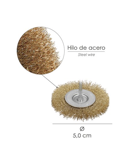 Cepillo Acero Latonado Para Taladro. Disco Ø 50 mm. Espiga 1/4" Cepillo Taladro Alambre Latón, Cepillo Limpieza, Cepillo Pulir.