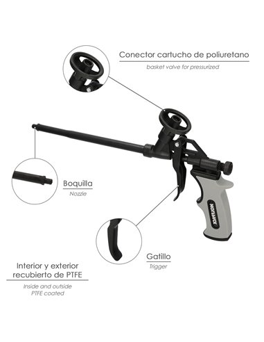 Pistola Para Espuma Poliuretano Recubriemiento Integro PTFE  (Interior y Exterior) Pistola Calafatear, Rellenar, Sellar