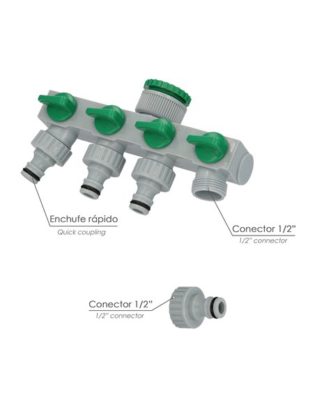 Adaptador Manguera Plastico 3/4" - 1"  4 Vias, Distribuidor 4 vias, Divisor Manguera, Ajuste Independiente, Tomas 1/2+Adaptador