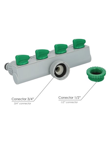 Adaptador Manguera Plastico 3/4" - 1"  4 Vias, Distribuidor 4 vias, Divisor Manguera, Ajuste Independiente, Tomas 1/2+Adaptador