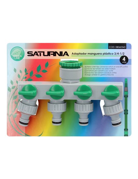 Adaptador Manguera Plastico 3/4" - 1"  4 Vias, Distribuidor 4 vias, Divisor Manguera, Ajuste Independiente, Tomas 1/2+Adaptador